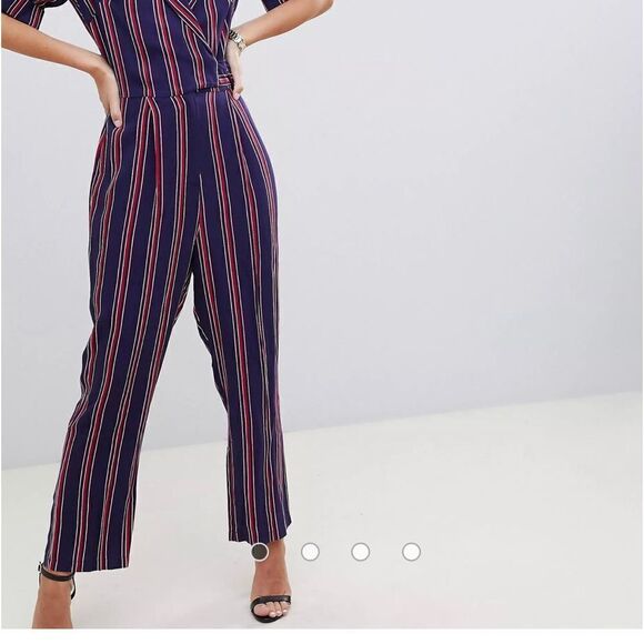 ASOS Pantsuit Sz 0 V Neck Collar Short Sleeve Navy Blue Red Striped Side Belted - Picture 10 of 15
